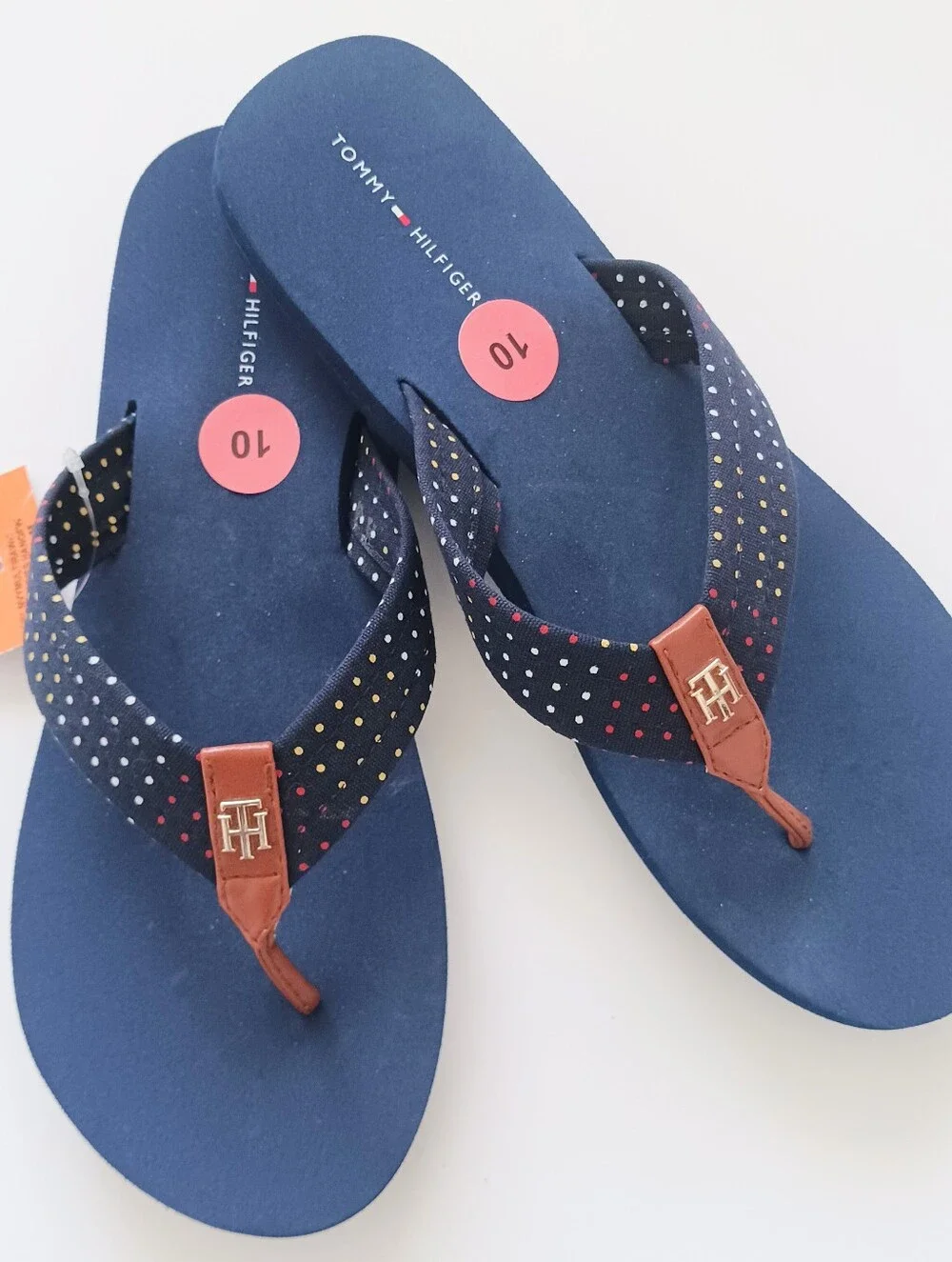 NWT Tommy Hilfiger Polka Dot Flip Flop Sandals Women's Red/White/Blue Size 10M